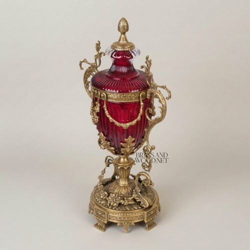 Baroque Lidded Ruby Crystal Urn Vase with Gilt Brass Scrollwork Handles and Ornate Base Antique Gold Front | Brass & Wood