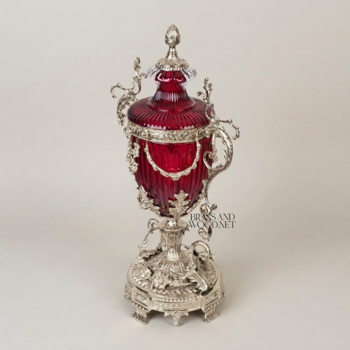 Baroque Lidded Ruby Crystal Urn Vase with Gilt Brass Scrollwork Handles and Ornate Base Silver Front | Brass & Wood