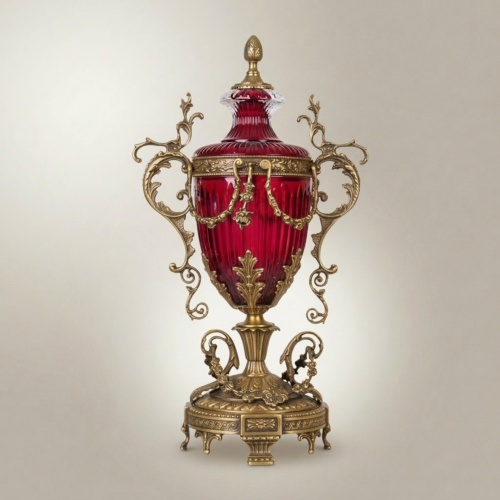 Baroque Lidded Ruby Crystal Urn Vase with Gilt Brass Scrollwork Handles and Ornate Base Antique Gold Front | Brass & Wood