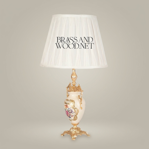 Baroque Handcrafted Porcelain Urn Table Lamp Floral Hand-Painted Brass Rococo Base White Pleated Shade Gold Front | Brass & Wood
