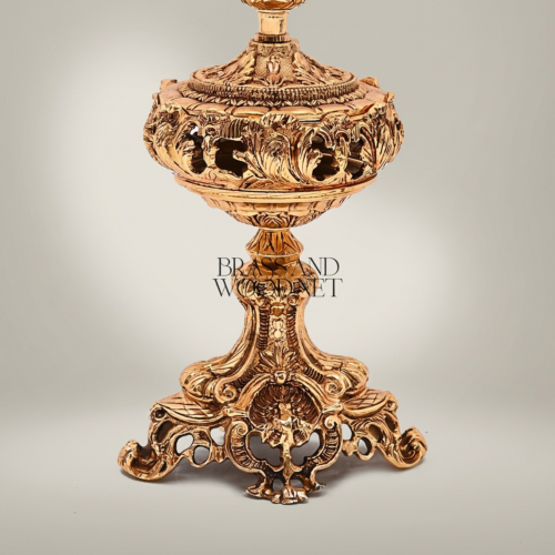Baroque Heavily Ornate Repoussé Brass Table Lamp Pleated Cream Fabric Shade Brass and Wood Antique Gold Detail | Brass & Wood