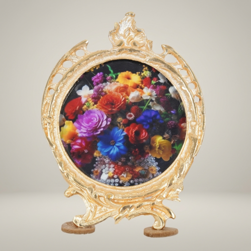 Baroque Rococo Oval Metal Photo Frame Acanthus Crest Ornate Easel Stand Brass and Wood Gold Front | Brass & Wood