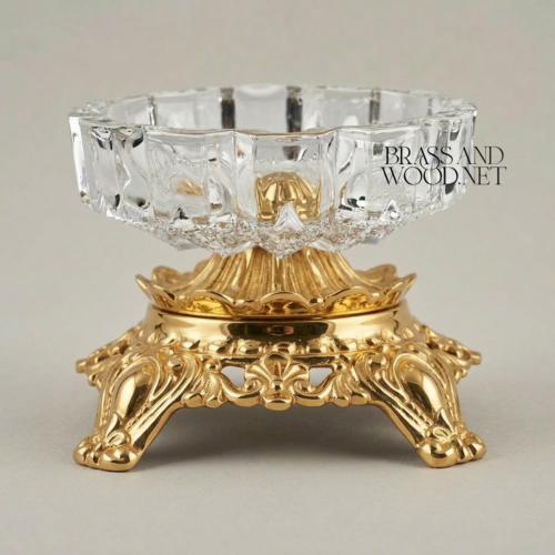 Baroque Scrollwork Brass & Crystal Ashtray with Acanthus Claw-Foot Stand