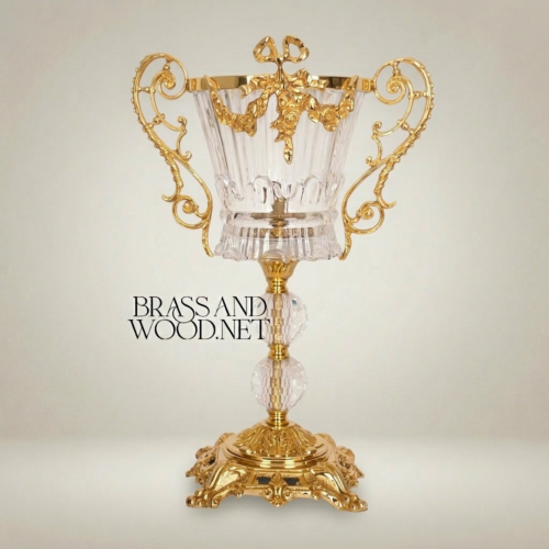 Baroque Trophy Cup Crystal Brass Vase Scrollwork Handles Pierced Acanthus Base Brass and Wood Gold Front | Brass & Wood
