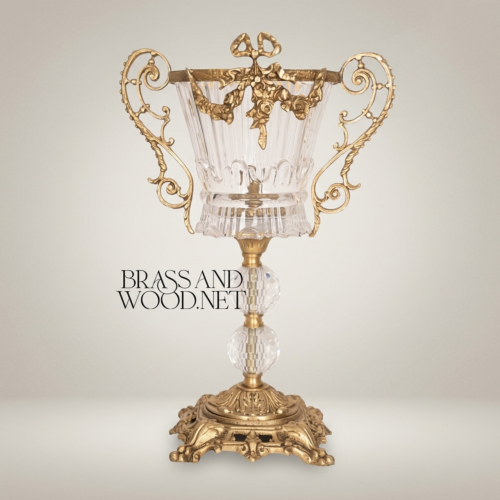 Baroque Trophy Cup Crystal Brass Vase Scrollwork Handles Pierced Acanthus Base Brass and Wood Antique Gold Front | Brass & Wood