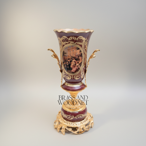 Baroque Trophy Vase Wine Ceramic Gilt Brass Acanthus Mounts Scenic Medallion Brass and Wood Gold Front | Brass & Wood