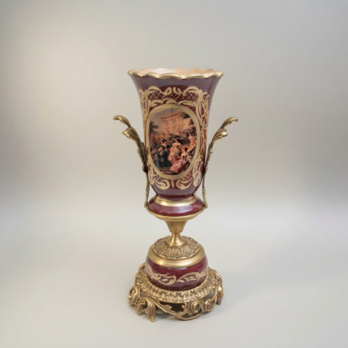 Baroque Trophy Vase Wine Ceramic Gilt Brass Acanthus Mounts Scenic Medallion Brass and Wood Antique Gold Front | Brass & Wood
