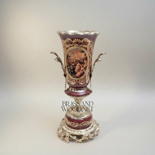 Baroque Trophy Vase Wine Ceramic Gilt Brass Acanthus Mounts Scenic Medallion Brass and Wood Silver Front | Brass & Wood