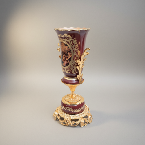 Baroque Trophy Vase Wine Ceramic Gilt Brass Acanthus Mounts Scenic Medallion Brass and Wood Gold Front | Brass & Wood