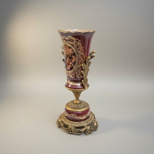 Baroque Trophy Vase Wine Ceramic Gilt Brass Acanthus Mounts Scenic Medallion Brass and Wood Antique Gold Front | Brass & Wood