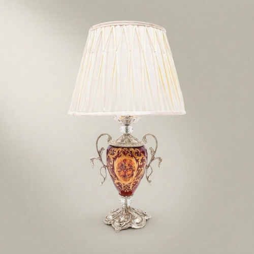 Baroque Urn Table Lamp Hand-Painted Floral Ceramic Body Brass Crystal Accent Ivory Shade Brass and Wood Silver Front | Brass & Wood