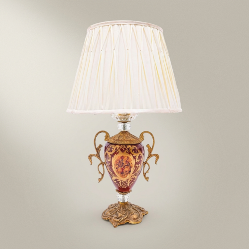 Baroque Urn Table Lamp Hand-Painted Floral Ceramic Body Brass Crystal Accent Ivory Shade Brass and Wood Antique Gold Front | Brass & Wood
