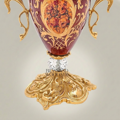 Baroque Urn Table Lamp Hand-Painted Floral Ceramic Body Brass Crystal Accent Ivory Shade Brass and Wood Gold Front | Brass & Wood