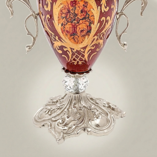 Baroque Urn Table Lamp Hand-Painted Floral Ceramic Body Brass Crystal Accent Ivory Shade Brass and Wood Silver Front | Brass & Wood