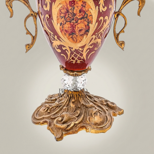 Baroque Urn Table Lamp Hand-Painted Floral Ceramic Body Brass Crystal Accent Ivory Shade Brass and Wood Antique Gold Front | Brass & Wood
