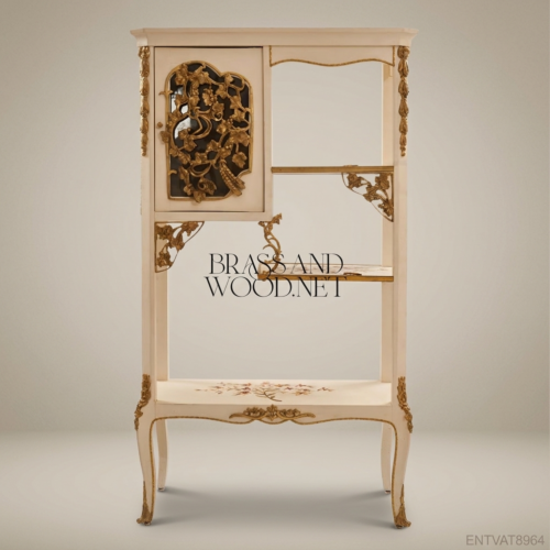 Belle Époque Ivory Painted Vitrine Cabinet Open Shelves Hand-Painted Florals Gilt Brass Mounts Brass and Wood Front View | Brass & Wood