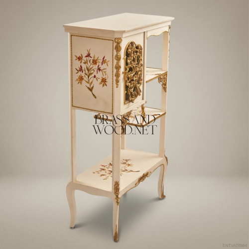 Belle Époque Ivory Painted Vitrine Cabinet Open Shelves Hand-Painted Florals Gilt Brass Mounts Brass and Wood Front View | Brass & Wood