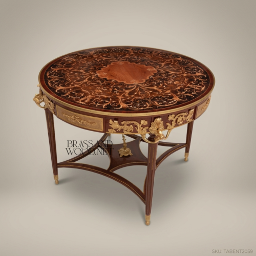 Belle Époque Round Marquetry Centre Table Gilt Bronze Ormolu Foliate Mounts French Polish Mahogany Front View | Brass & Wood