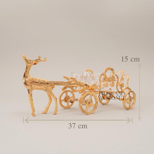 Handcrafted Brass and Crystal Deer Pulling Ornate Scrollwork Carriage Figurine Gold Back | Brass & Wood