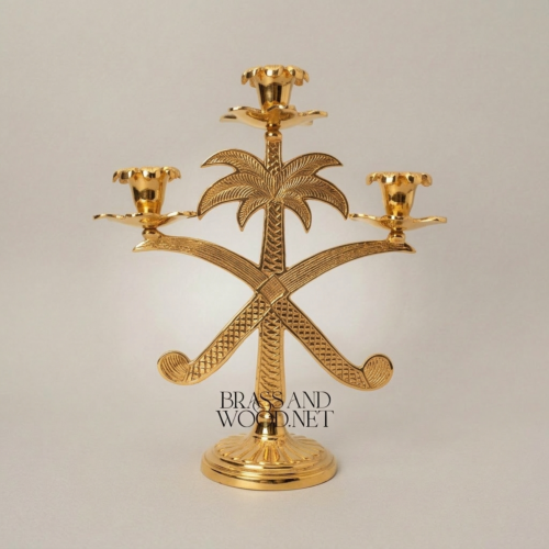 Handcrafted Brass Three-Arm Palm Tree Crossed Swords Candelabra Gold Front | Brass & Wood