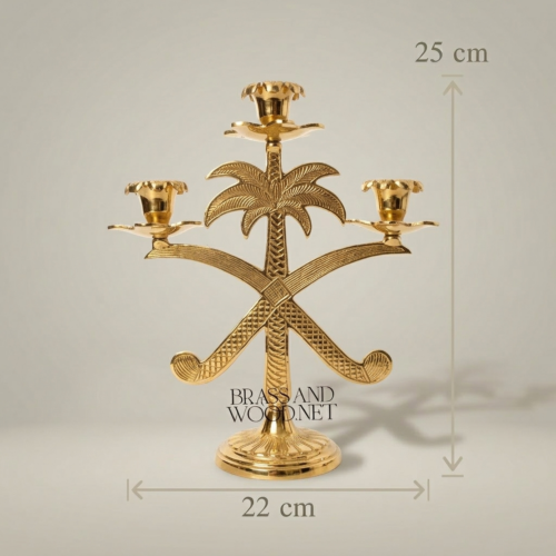 Handcrafted Brass Three-Arm Palm Tree Crossed Swords Candelabra Gold Front | Brass & Wood