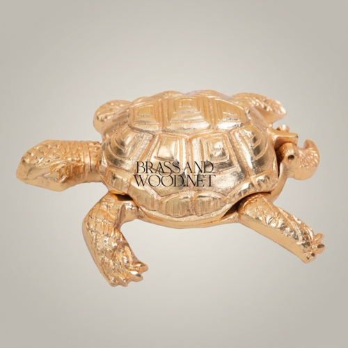 Handcrafted Brass Turtle Hinged-Shell Ashtray Sculptural Figurine Brass and Wood Gold Front | Brass & Wood