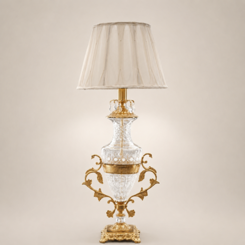 Classical Cut-Crystal Urn Table Lamp Ornate Brass Foliage Base Ivory Fabric Shade Brass and Wood Gold Front | Brass & Wood
