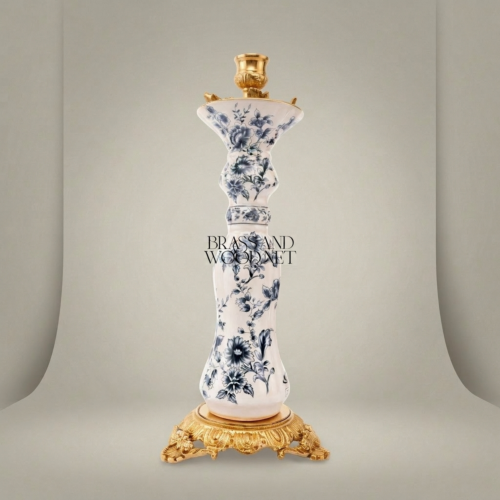 Chinoiserie Blue White Porcelain Candle Holder Ornate Brass Crown Scrolled Base Brass and Wood Gold Front | Brass & Wood