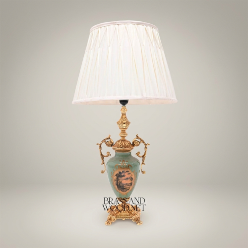 Classical Baroque Brass and Celadon Ceramic Urn Table Lamp with Floral Medallion and Pleated Off-White Shade Gold Front | Brass & Wood