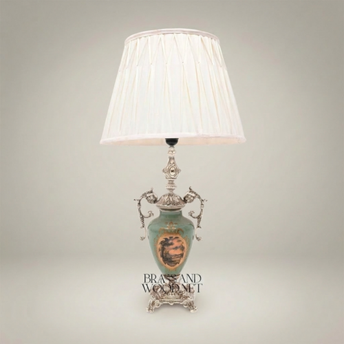 Classical Baroque Brass and Celadon Ceramic Urn Table Lamp with Floral Medallion and Pleated Off-White Shade Silver Front | Brass & Wood