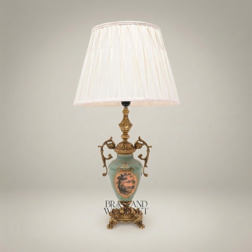 Classical Baroque Brass and Celadon Ceramic Urn Table Lamp with Floral Medallion and Pleated Off-White Shade Antique Gold Front | Brass & Wood
