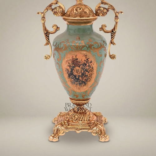 Classical Baroque Brass and Celadon Ceramic Urn Table Lamp with Floral Medallion and Pleated Off-White Shade Gold Front | Brass & Wood