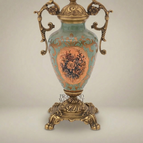 Classical Baroque Brass and Celadon Ceramic Urn Table Lamp with Floral Medallion and Pleated Off-White Shade Antique Gold Front | Brass & Wood
