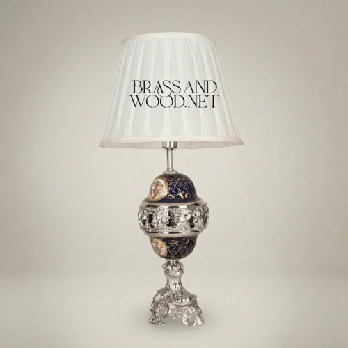 Classical Baroque Brass and Cobalt Blue Ceramic Orb Table Lamp with Floral Medallion and White Pleated Shade Silver Front | Brass & Wood
