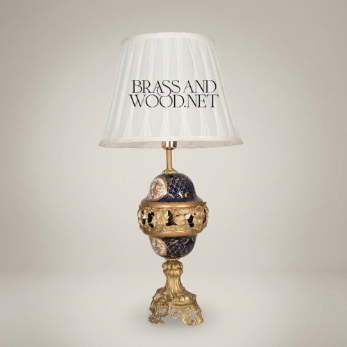 Classical Baroque Brass and Cobalt Blue Ceramic Orb Table Lamp with Floral Medallion and White Pleated Shade Antique Gold Front | Brass & Wood