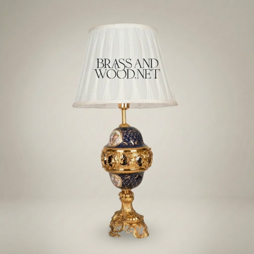 Classical Baroque Brass and Cobalt Blue Ceramic Orb Table Lamp with Floral Medallion and White Pleated Shade Gold Front | Brass & Wood
