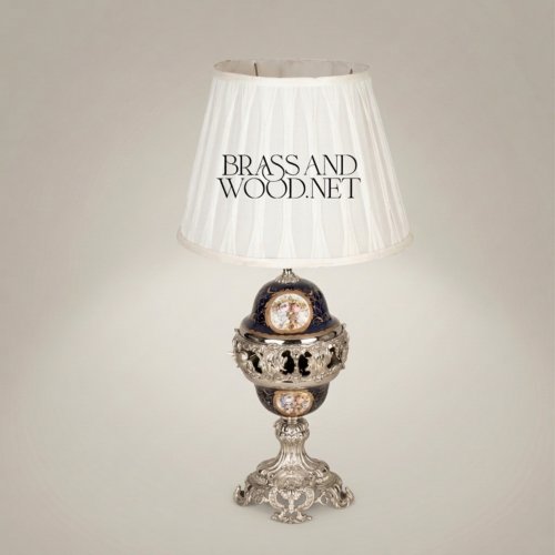 Classical Baroque Brass and Cobalt Blue Ceramic Orb Table Lamp with Floral Medallion and White Pleated Shade Silver Front | Brass & Wood