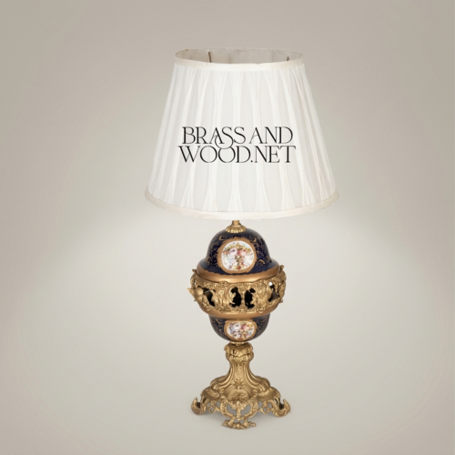 Classical Baroque Brass and Cobalt Blue Ceramic Orb Table Lamp with Floral Medallion and White Pleated Shade Antique Gold Front | Brass & Wood