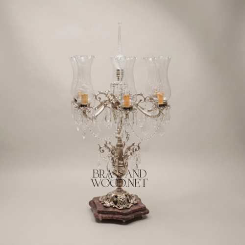 Classical Baroque Brass Crystal 5-Arm Candelabra Table Lamp with Marble Base and Crystal Drops Silver Front | Brass & Wood