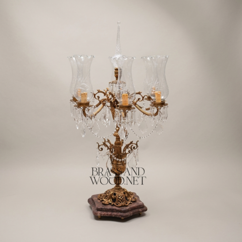 Classical Baroque Brass Crystal 5-Arm Candelabra Table Lamp with Marble Base and Crystal Drops Antique Gold Front | Brass & Wood