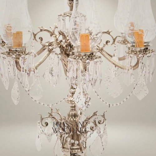 Classical Baroque Brass Crystal 5-Arm Candelabra Table Lamp with Marble Base and Crystal Drops Silver Front | Brass & Wood