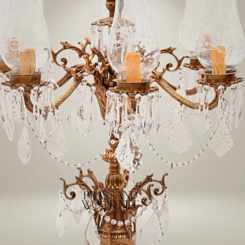 Classical Baroque Brass Crystal 5-Arm Candelabra Table Lamp with Marble Base and Crystal Drops Antique Gold Front | Brass & Wood