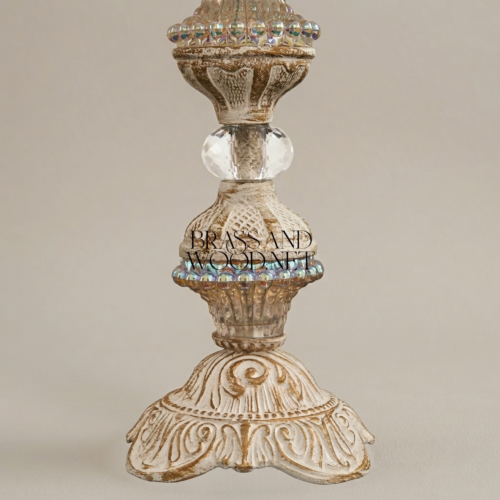 Classical Baroque Brass Crystal Table Lamp Ornate Carved Pedestal Cream Fabric Shade Antique Gold Front | Brass & Wood