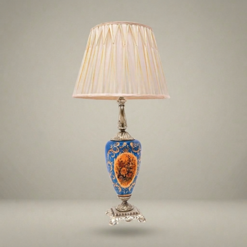 Classical Baroque Blue Ceramic Urn Table Lamp Hand-Painted Floral Panel Brass Base Cream Shade Silver Front | Brass & Wood