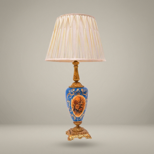 Classical Baroque Blue Ceramic Urn Table Lamp Hand-Painted Floral Panel Brass Base Cream Shade Antique Gold Front | Brass & Wood