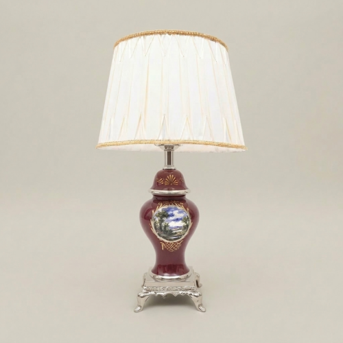 Classical Baroque Wine Ceramic Table Lamp Hand-Painted Medallion Ornate Brass Footed Base Pleated Shade Brass and Wood Silver Front | Brass & Wood
