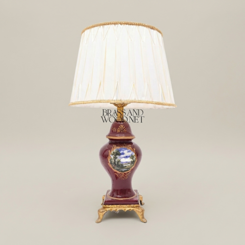 Classical Baroque Wine Ceramic Table Lamp Hand-Painted Medallion Ornate Brass Footed Base Pleated Shade Brass and Wood Antique Gold Front | Brass & Wood
