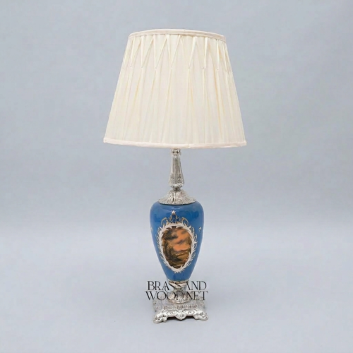 Classical Baroque Blue Ceramic Urn Table Lamp Hand-Painted Floral Panel Brass Base Cream Shade Silver Front | Brass & Wood