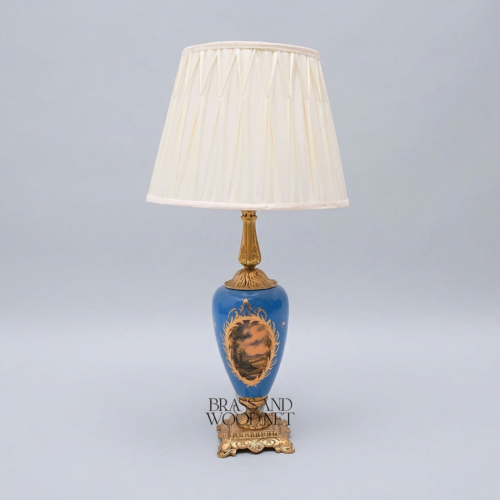 Classical Baroque Blue Ceramic Urn Table Lamp Hand-Painted Floral Panel Brass Base Cream Shade Antique Gold Front | Brass & Wood