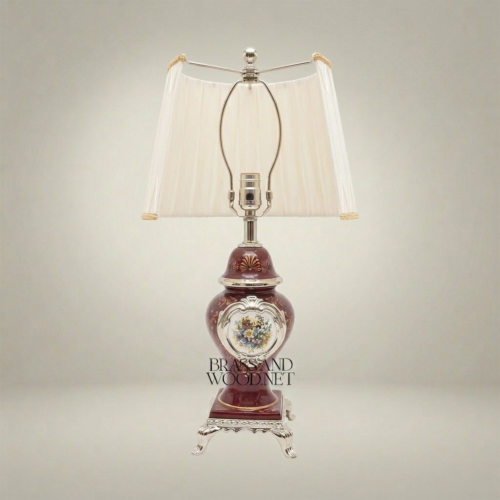 Classical Baroque Wine Ceramic Table Lamp Hand-Painted Medallion Ornate Brass Footed Base Pleated Shade Brass and Wood Silver Front | Brass & Wood